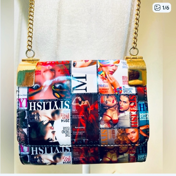 Handbags - Unique Fashion and Style magazine crossbody bag with gold strap.